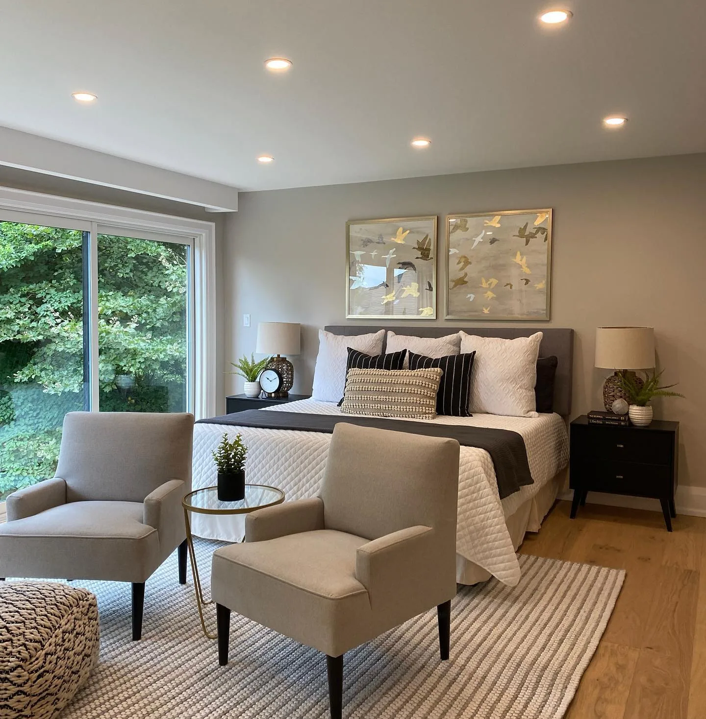 Primary bedroom suite with hardwood floors and sliding garden doors, Hamilton Ontario